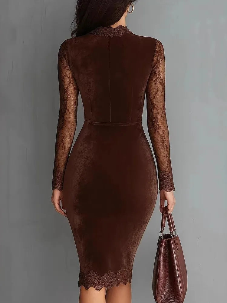 Women Velvet Midi Dress Elegant Lace Long Sleeve Hollow Out Bodycon Dress Autumn Winter New Party Evening Formal Pencil Dresses