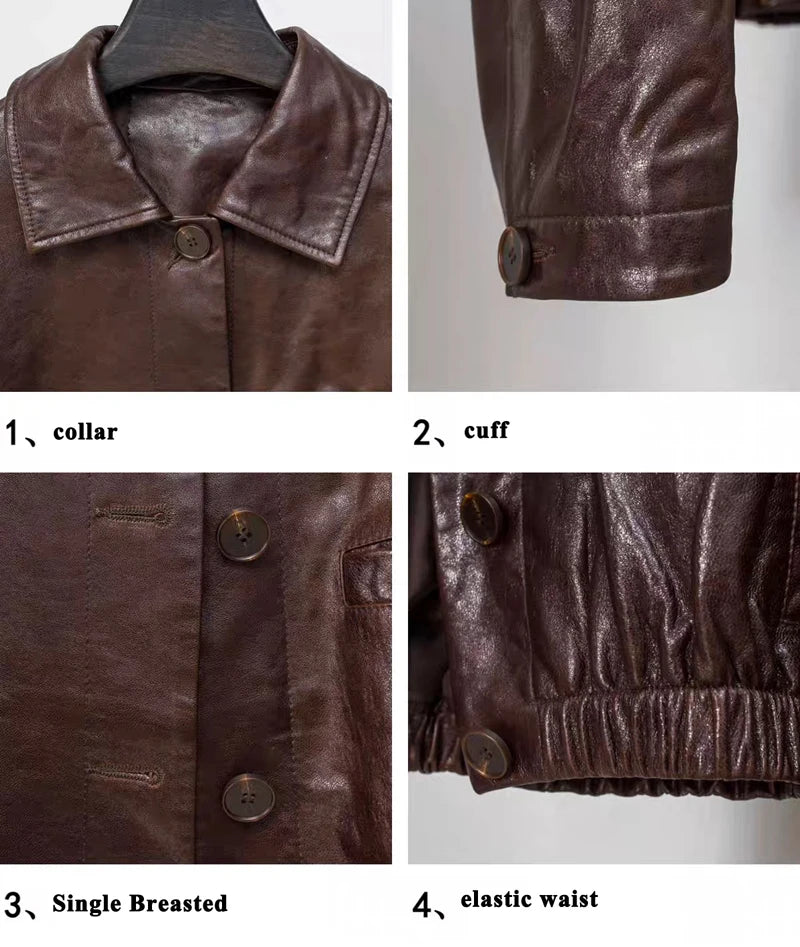 Advanced Oil Wax Leather Jacket for Women Autumn Winter Female 100% Lambskin Square Neck Elastic Waist  Loose Coat Vestes Femmes
