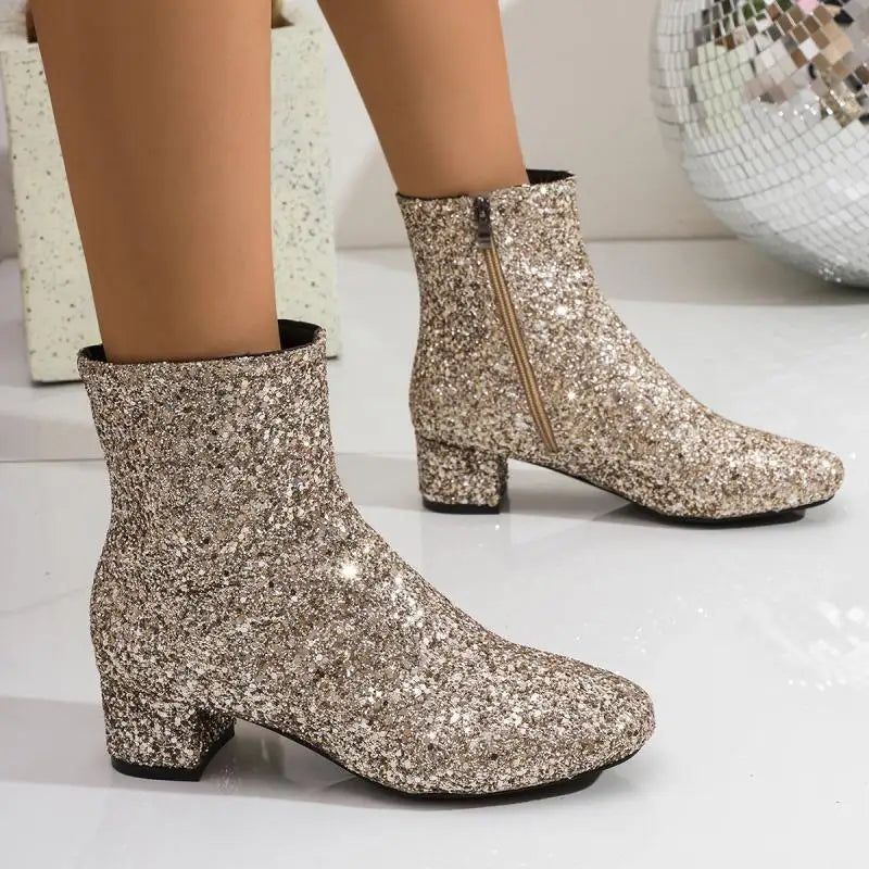 Luxury Sequin Fabric Ankle Boots Women 2026 Autumn Designer Square Toe Side Zip Short Boots Sexy Shiny Medium Heel Party Shoes