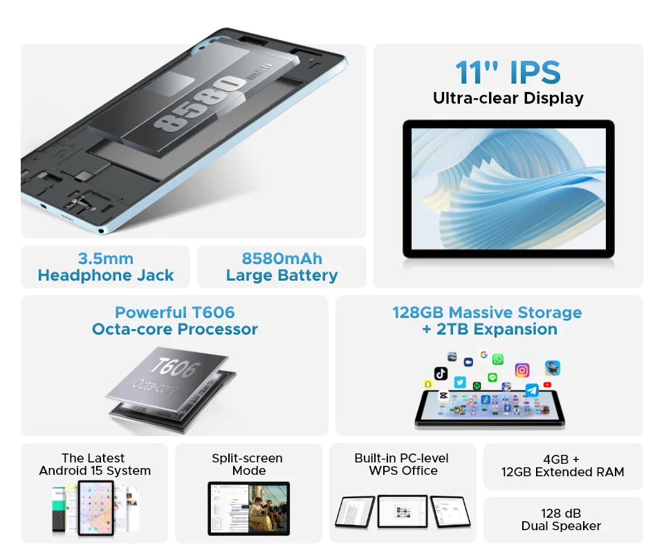 DOOGEE U11 Android 15 Tablet 11" Ultra-clear 90Hz Display 16GB(4+12) 128GB 8580mAh Battery Unisoc T606 octa-core Dual Speaker