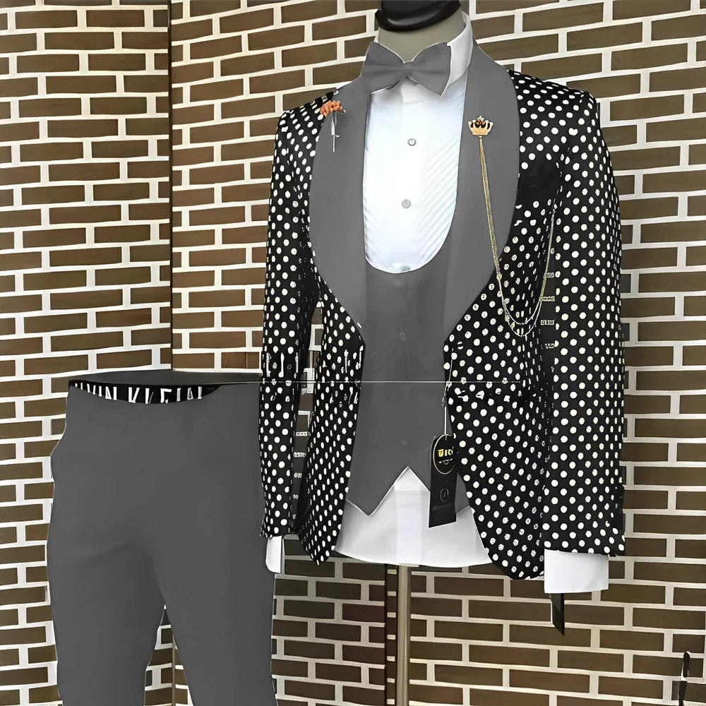 Spotted Men's Suit 3 Piece Set Wedding Groom Tuxedo Custom Slim Fit Blazer Pants Vest Men's Elegant Suit
