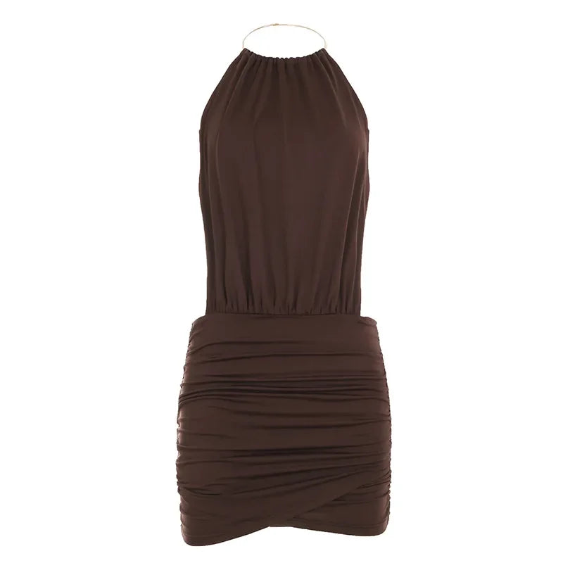 Metal Ring Halter Ruched Bodycon Mini Dress Women 2025 Summer Sleeveless Lace Up Backless Hipster Slim Party Clubwear Vestidos