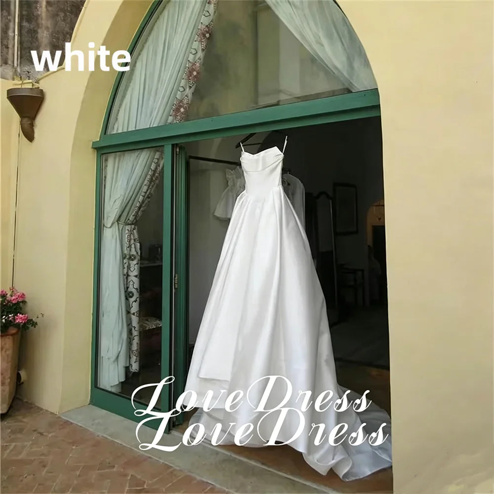 Customized Simple Stain Strapless Pleats A-Line High Side Slit Wedding Dress Pastoral Sleeveless Boat Neck Backless Lace Up 2026