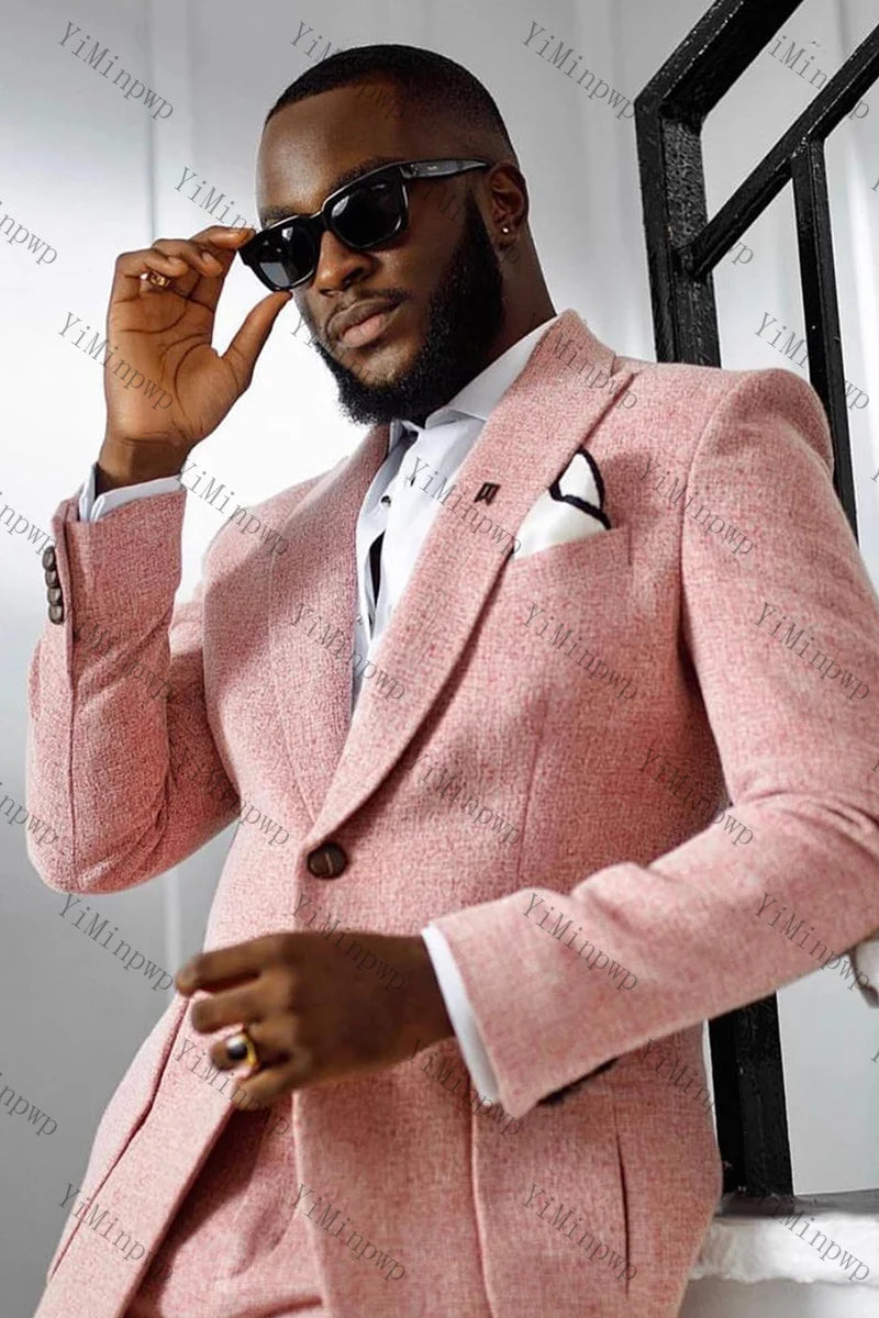 YiMinpwp Pink Textured Men's 2 Piece Single Button Suit Slim Fit for Wedding Herringbone Tailored Gala Dinner & Prom XS-5XL