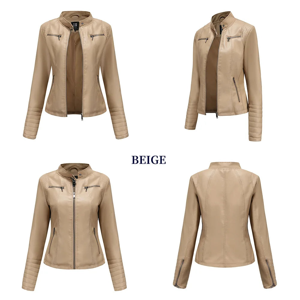 2026 New Women's Slim Leather Jacket, Stand-up Collar, Zipper Stitching, Monochromatic PU Coat, Fashion Clothing.