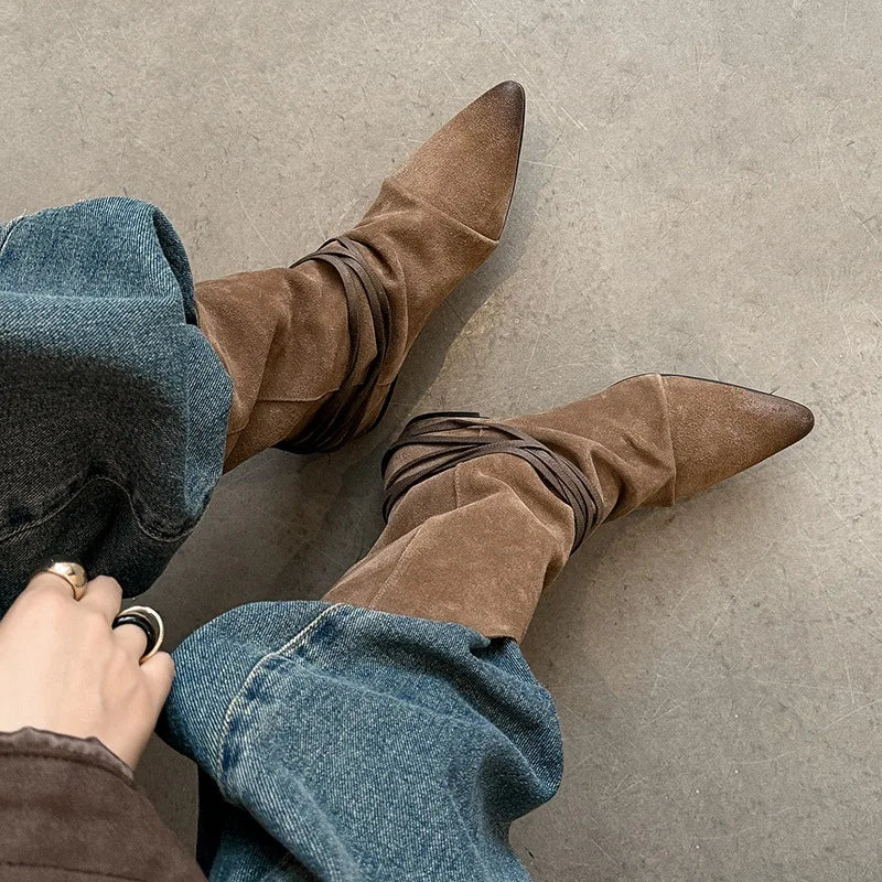 Arden Furtado Autumn Cow Suede Increased Internal Western Boots Pointed Toe Pleated Slip-On Middle Ankle Strap Short Boots
