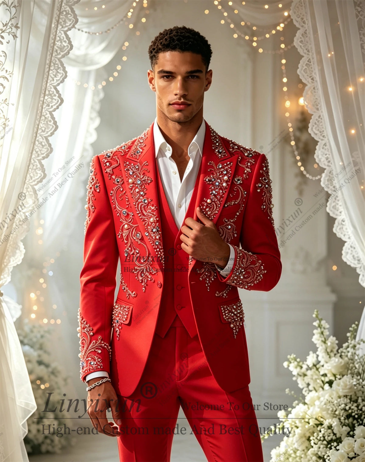 Elegant Diamond  Men Suits Set 3 Pcs Blazer Pants Trousers Luxury Wedding Tuxedo Formal Business Groom Coat Customized