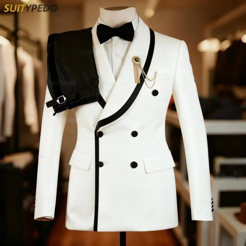 Fashion Blazer And Pants 2 Pieces Formal Wedding Party Groom Suit Sets Male Casual Slim Fit High Quality Shawl Lapel Outfits