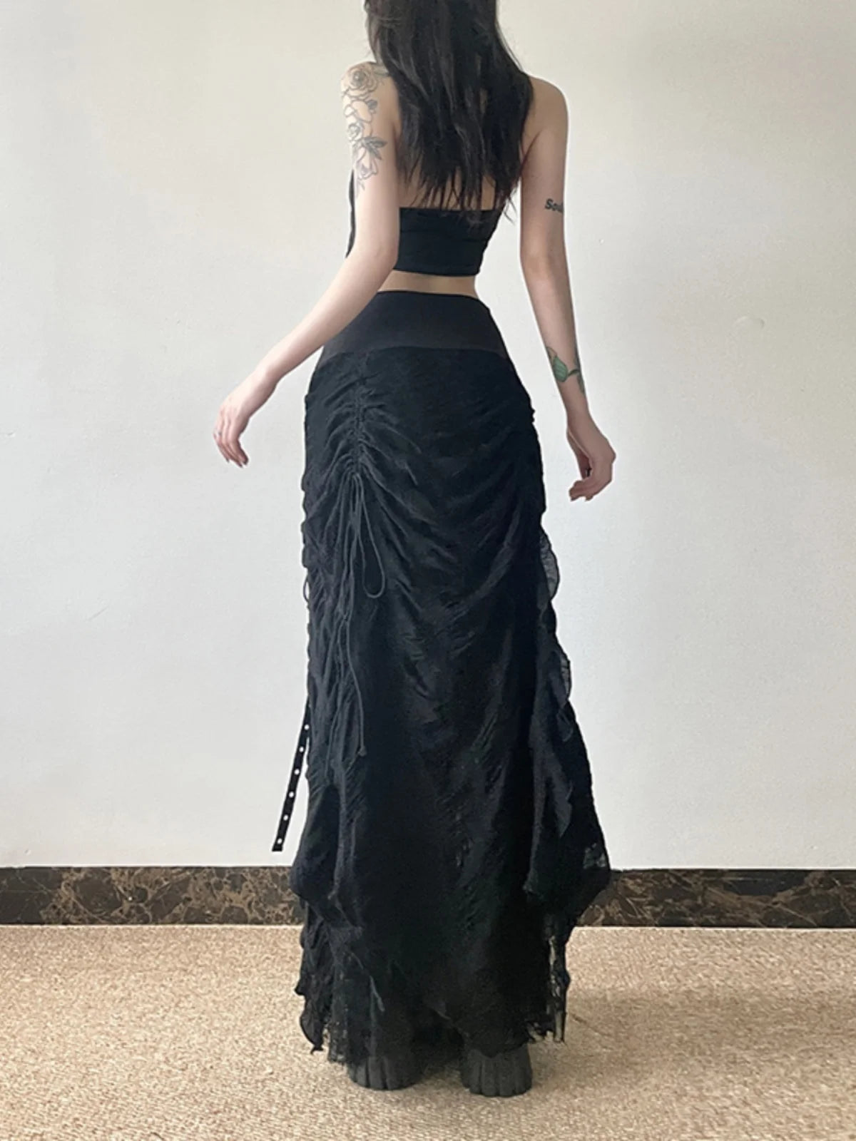 Gothic Long Skirt Bandage Lace Mesh Patchwork High Waist A Line Drawstring Split Black Skirt Irregular Aesthetic Female Fashion