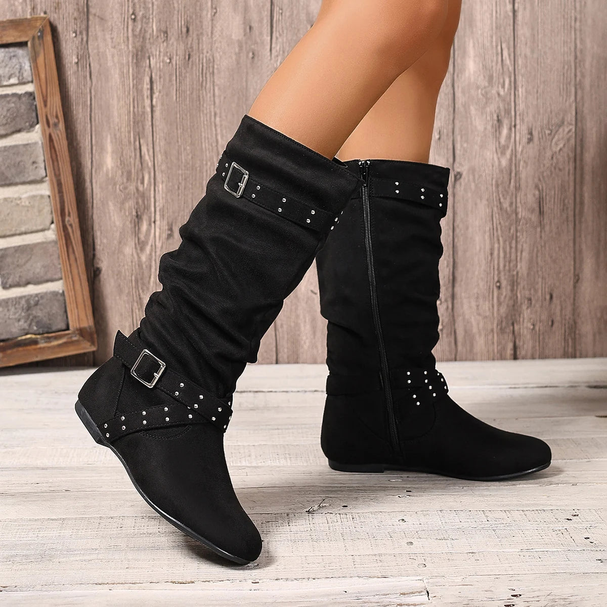 Rivet Side Zipper Buckle Flat Bottom Fashionable Solid Color Comfortable European and American Ladies Youth Mid-Calf Boots