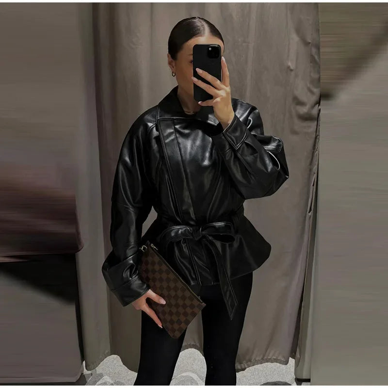 Black Belt Women's Leather Jacket Lapel Full Sleeve Zip-up Lace Up Waist Cinching Cropped Coats 2026 Autumn Street Lady Jackets