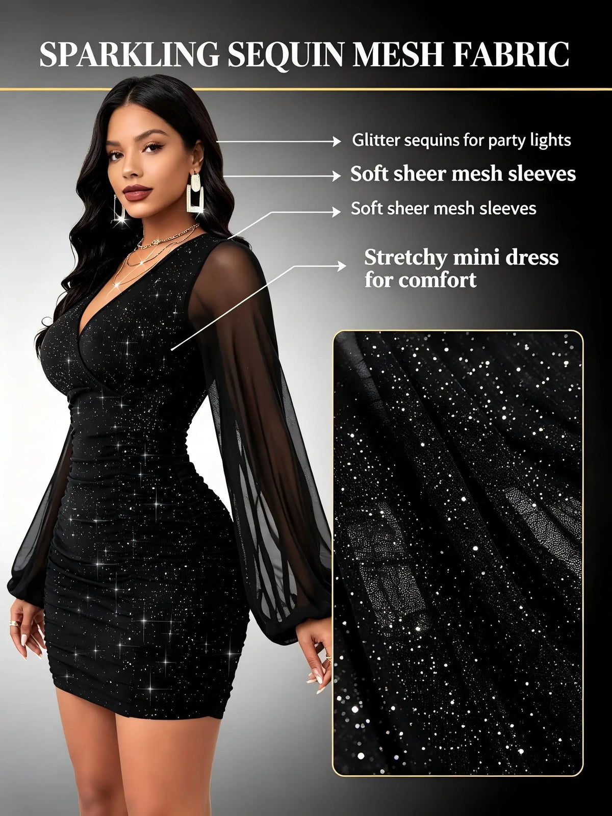 Women Sexy Elegant V-Neck Lantern Sleeve Mesh Patchwork Ruched Bodycon Sparkly Dress Black