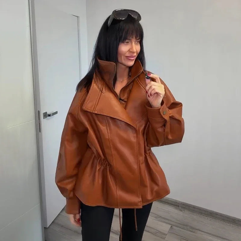 Fashion Solid Faux Leather Women's Jacket  Lapel Waist Cinching Loose Long Sleeves Coat Chic 2026 Spring Autumn New Street Wear