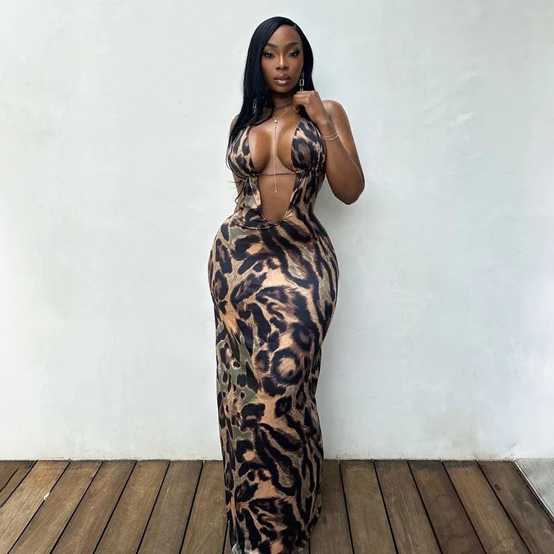 Leopard Print Dress Women Summer Backless Skinny Elastic Halter Coquette Midnight Skinny Elastic Club Vestidos Body