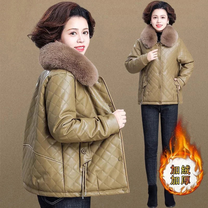High End Middle Aged Women's Leather Jacket Winter New Thicken Warm Big Fur Collar Faux PU Leather Coat Female Outerwear 5XL