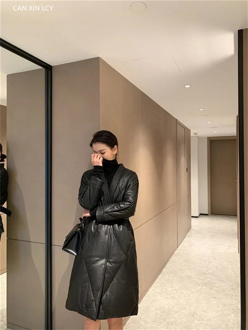 High End Leather Jacket New Women Autumn Winter Long PU Leather Windbreaker With Belt Female Down Cotton Coat Thick Warm Parkas