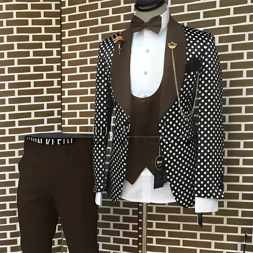 Spotted Men's Suit 3 Piece Set Wedding Groom Tuxedo Custom Slim Fit Blazer Pants Vest Men's Elegant Suit