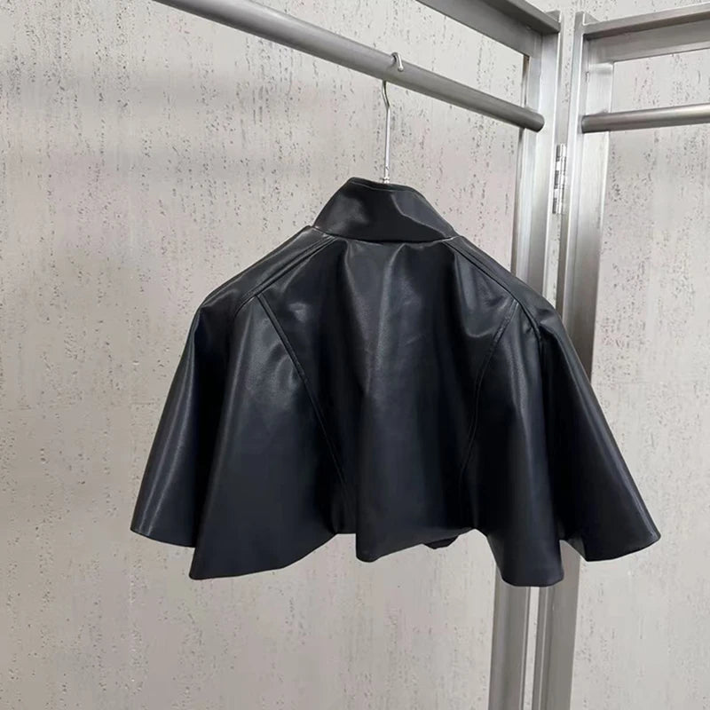 KUCLUT 2026 Autumn Stand Collar Cape With Ruffles Puffy PU Leather Jacket For Women Short Zipper Motorcycle Style Coat 1A4196
