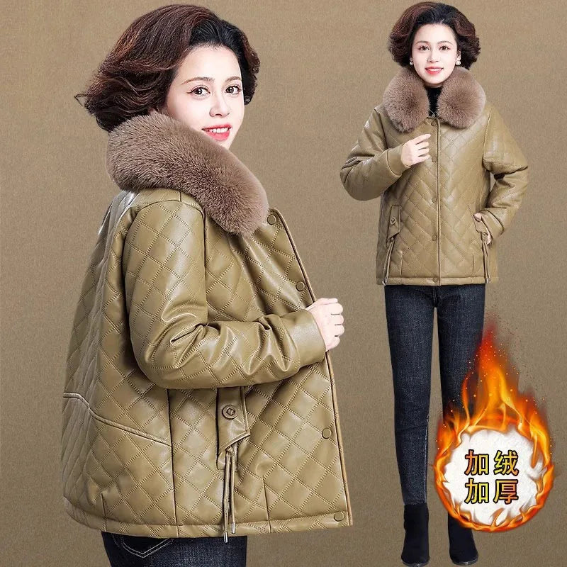 High End Middle Aged Women's Leather Jacket Winter New Thicken Warm Big Fur Collar Faux PU Leather Coat Female Outerwear 5XL