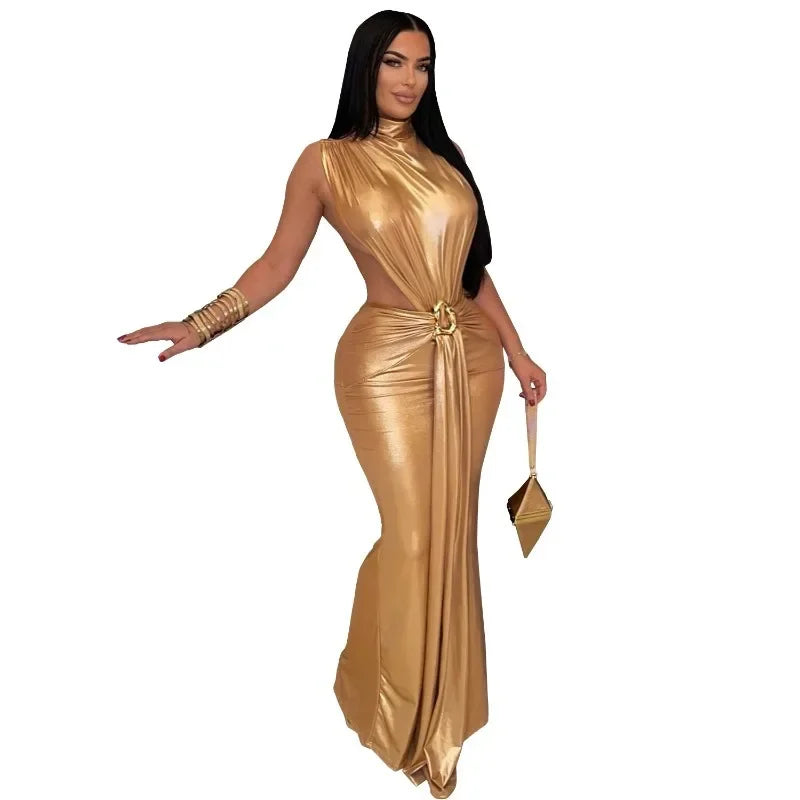 GUWU Women Gilding Sleeveless Cut Out Bodycon Midi Maxi Long Dress 2025 Summer Beach Vacation Sexy Party Birthday Dresses