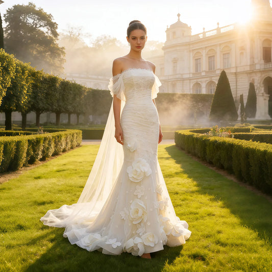 Sheer Fairy Women' s Elegant Wedding Dresses Off-Shoulder Draped 3D Floral Bridal Gowns Strapless Ruched Tulle SW653 Customized