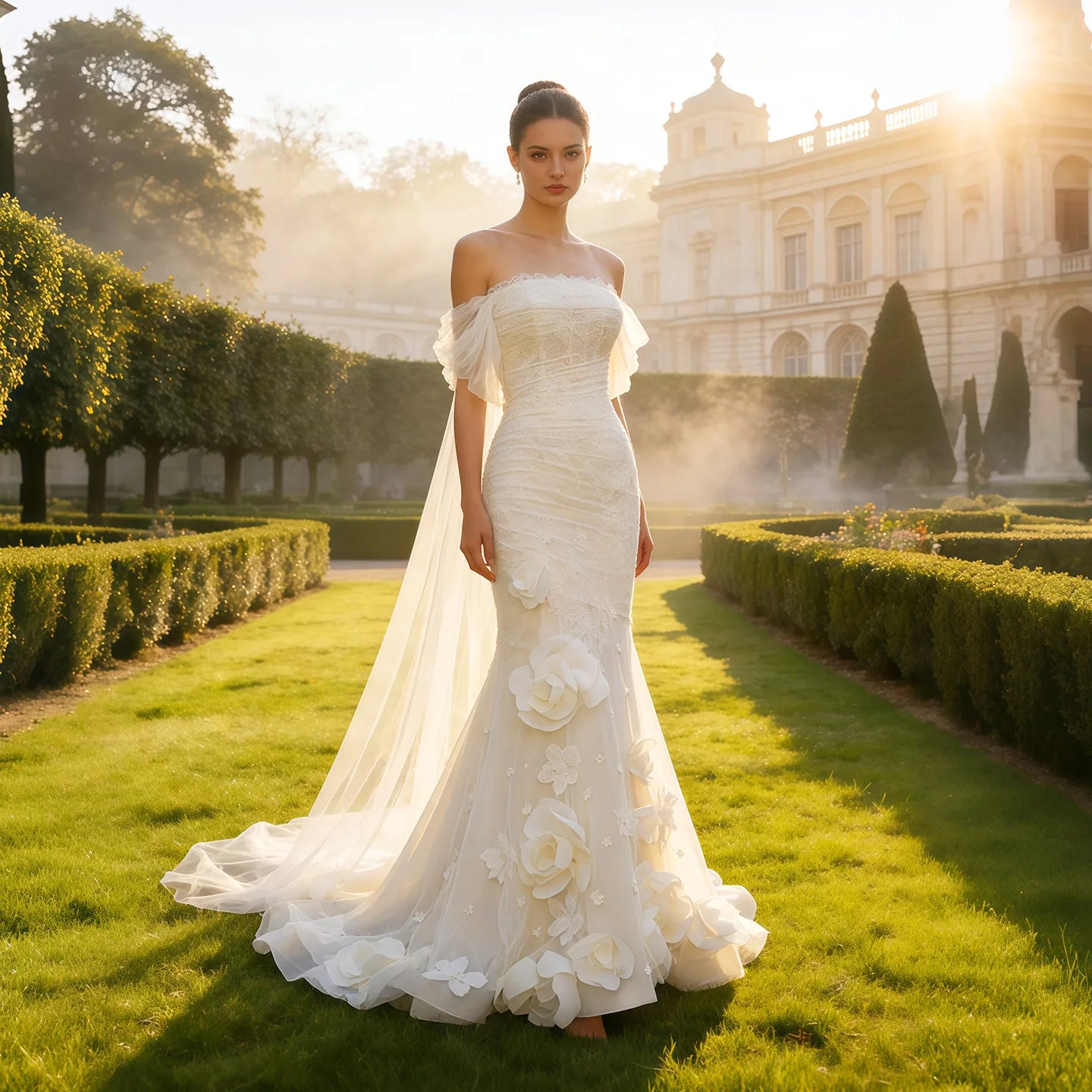 Sheer Fairy Women' s Elegant Wedding Dresses Off-Shoulder Draped 3D Floral Bridal Gowns Strapless Ruched Tulle SW653 Customized