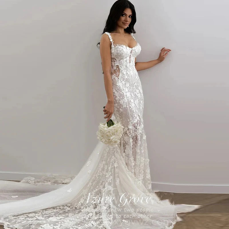Azure Customized Mermaid Wedding Dress Sweetheart Lace Appliques Flowers Bride Gown Elegant Beach Boho Bride Dress Sexy vestidos