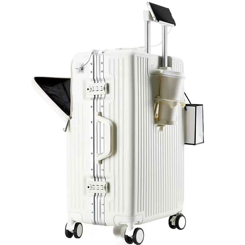 New 20'' Boarding Box Front Opening Suitcase Aluminium Frame 24/27 inch Rolling Luggage with Cup Holder Mobile Phone Holder