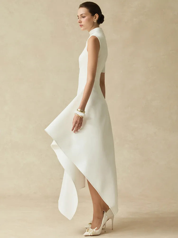 DEAT Elegant Dress Stand Collar Irregular High Waist Long Solid Color Women's Evening Party Dresses 2025 Winter New Tide 35Z3948