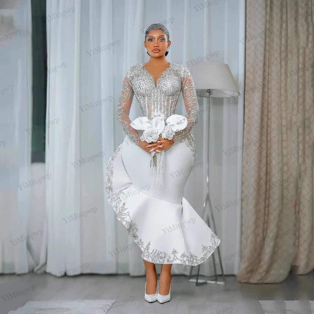 2026 Civil Mermaid Wedding Dresses for Women Bride Long Sleeves Rhinestone Tea Length Aso Ebi Bridal Reception Gowns Customized
