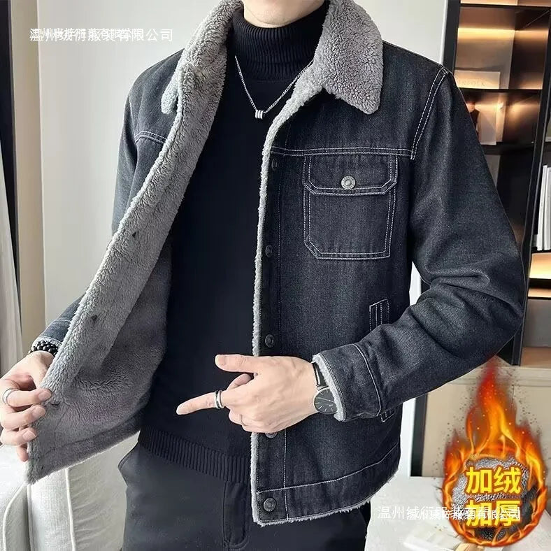 Men's Denim Jacket with Added Insulation and Thickening for Winter, Lamb Fur Lining, Durable Work Collar, Casual Jacket