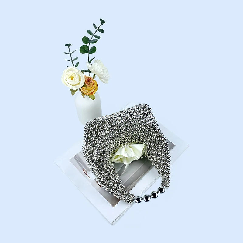 European and American high-end texture handmade silver beaded pillow bag, banquet bag, fashionable and versatile