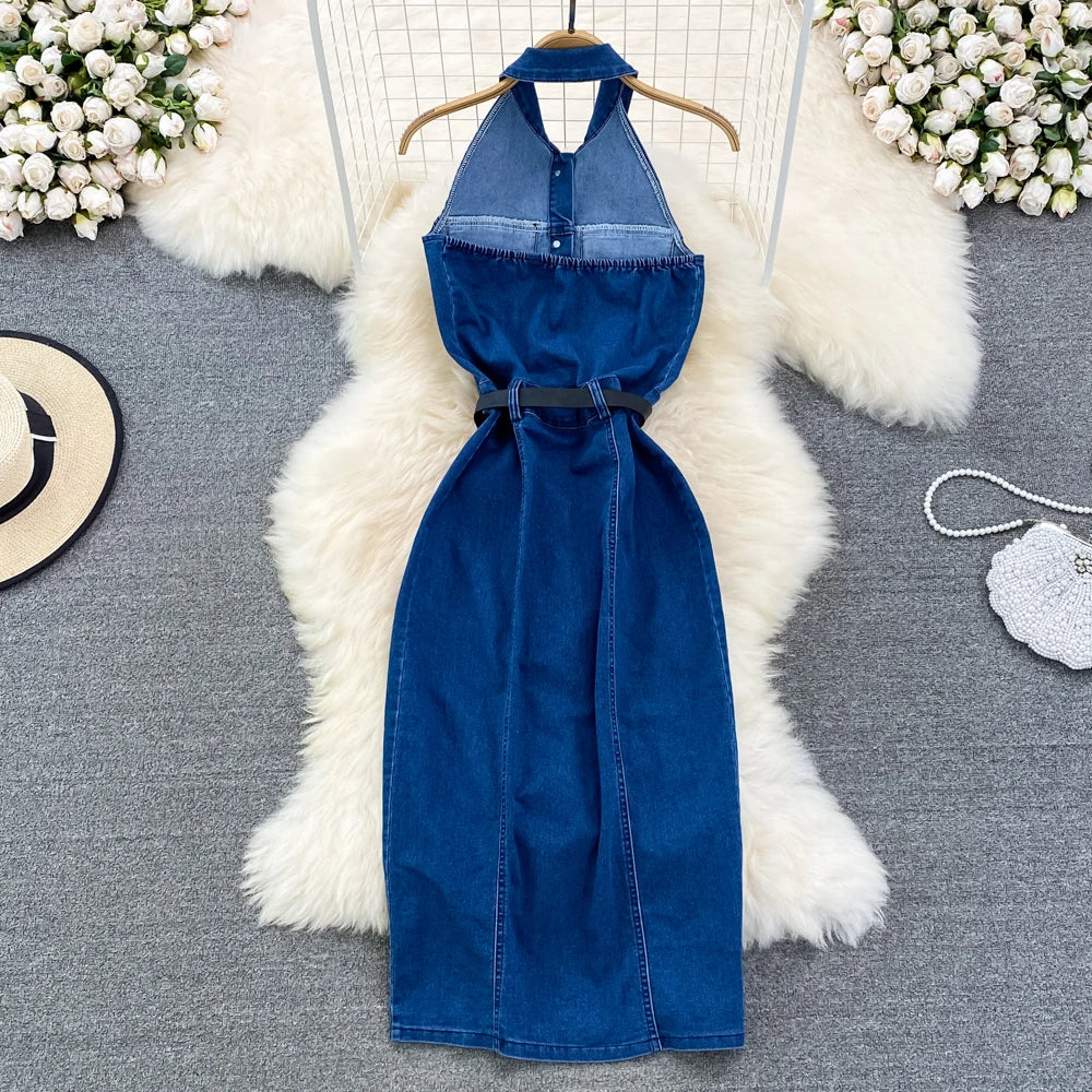 Denim Dress Women Sexy Long Dresses Vintage Vestidos A Line Sleeveless Backless Single Breasted Pockets 2025 Summer Sundress