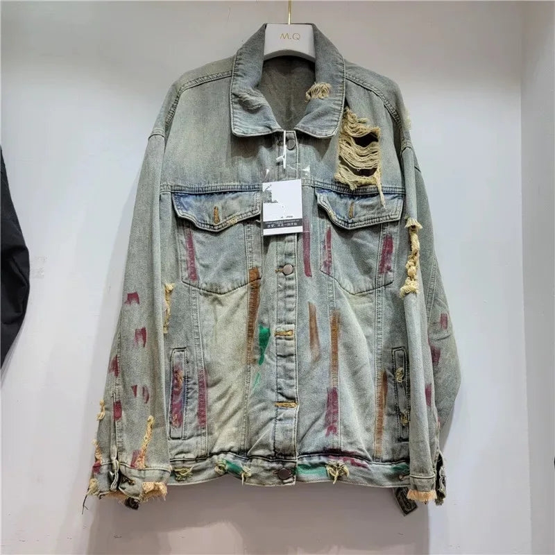 European and American style heavy industry embroidery splicing denim jacket 2025 new print loose casual denim women's jacket top