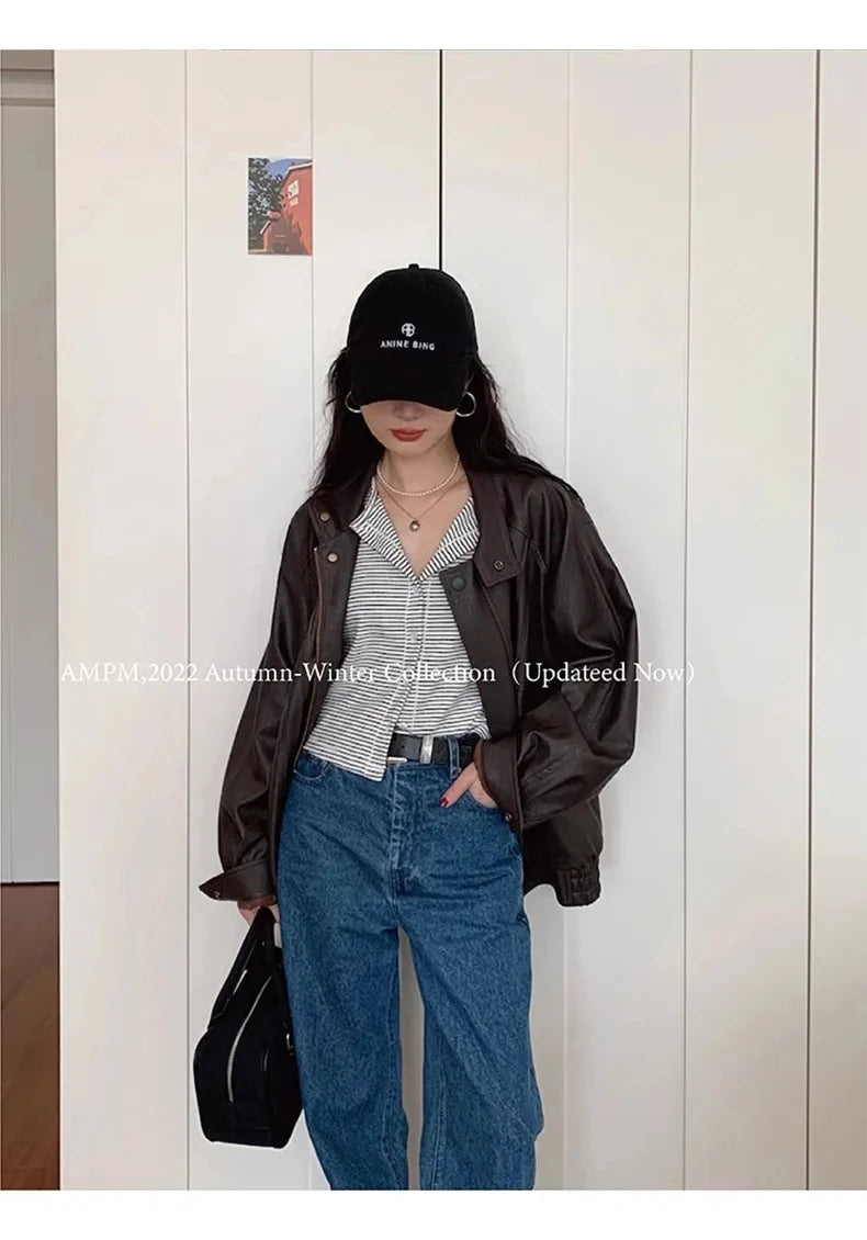 Lautaro Autumn Cool Brown Oversized Leather Jacket Women Drop Shoulder Long Sleeve Zippper High Quality American Retro Clothing