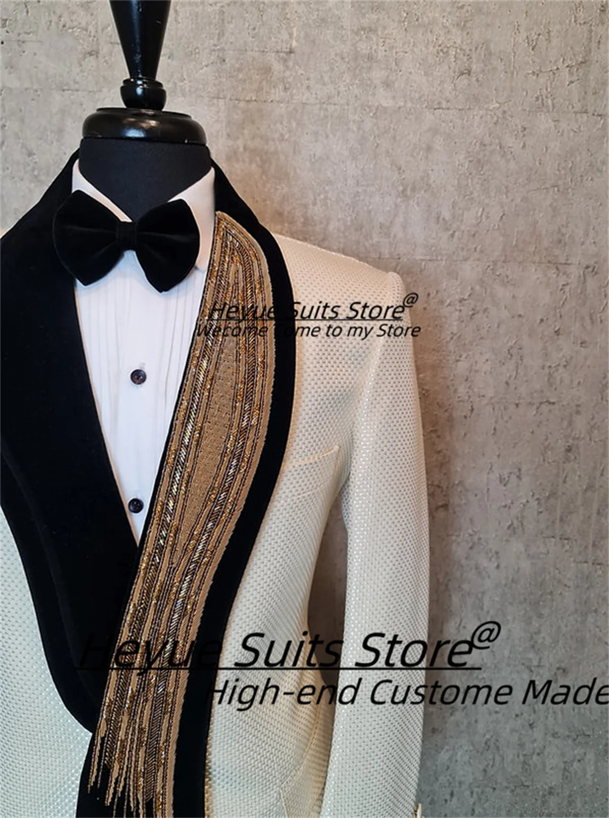 Customized Long Shawl Hand Embroidered Men Suits Elegant White Check Jacquard Groom Wedding Tuxedo 2 Pcs Sets Male Prom Blazers