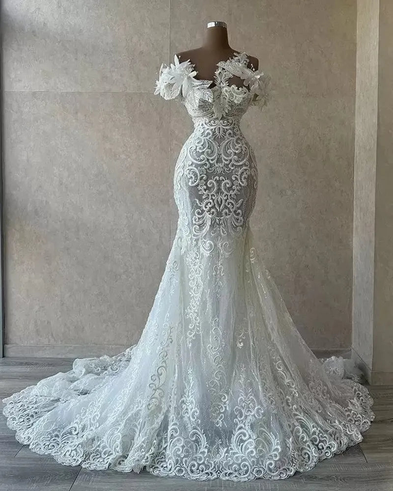 Gorgeous Mermaid Beach Wedding Dresses Bridal Gowns 3D Flower Pearls Lace Appliqued Sheer Neck Custom Made Vestido De Novia