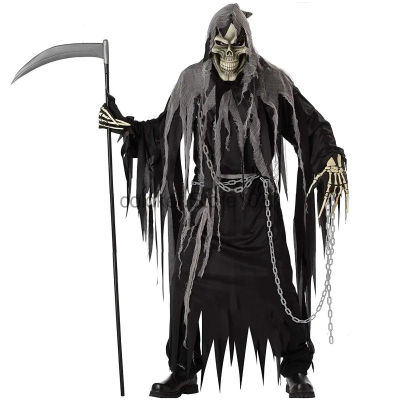 New Adult Grim Reaper Costume Men Women Scary Scythe Monster Cosplay Outfits Halloween Carnival Theme Party Dress Up No Scythe