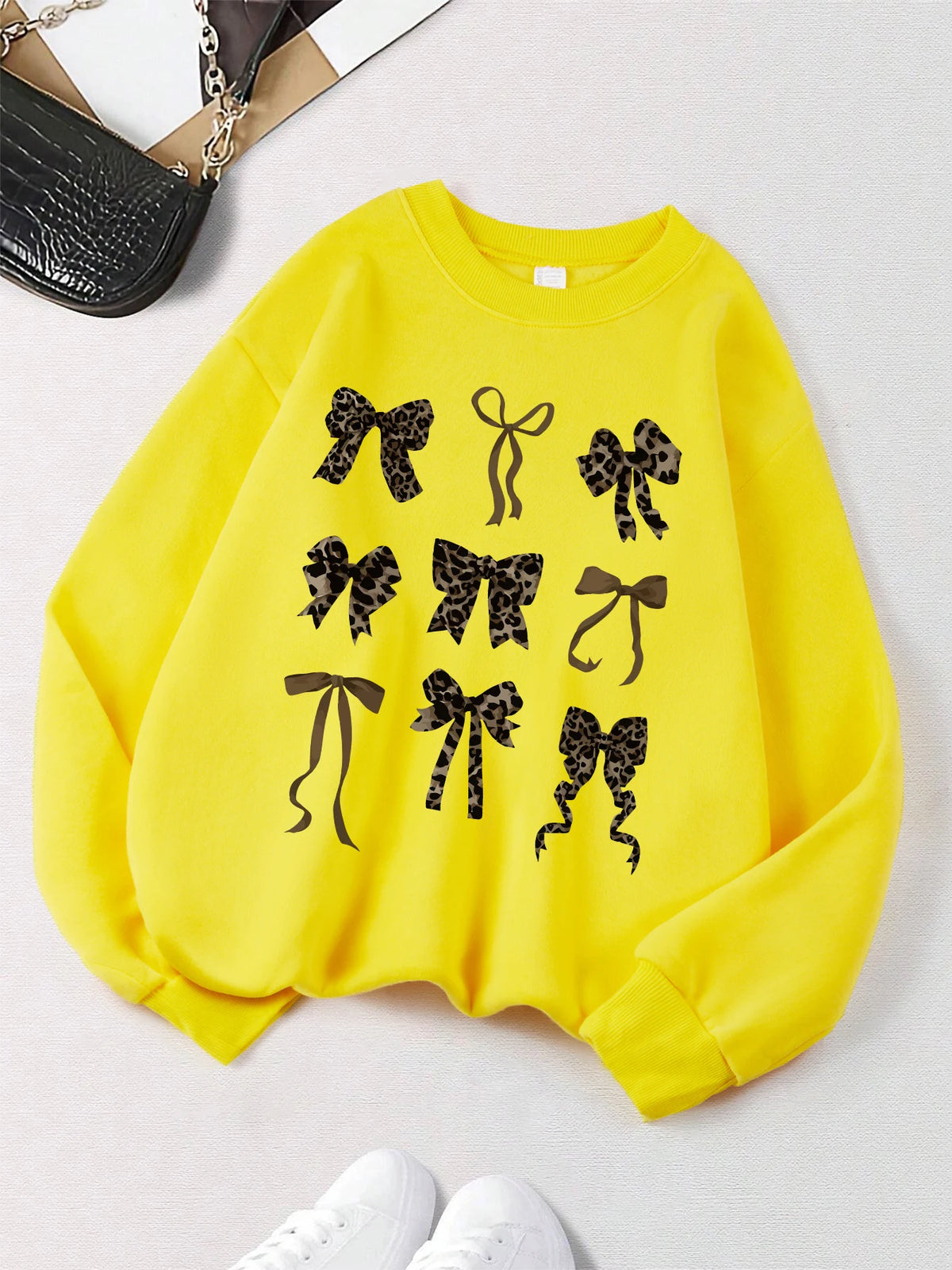 Retro Leopard Print Bow Printed Women Hoodies All-Match Comics Hoody Fleece Casual Clothes Street Hip Hop Pullover Woman