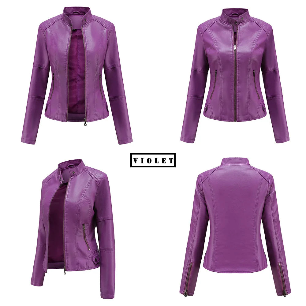 Women Moto Biker Zipper Jacket 2026 Faux Leather Jacket Women Spring Autumn Coat Black Brown Red Purple Navy Coffee Black XS 4XL