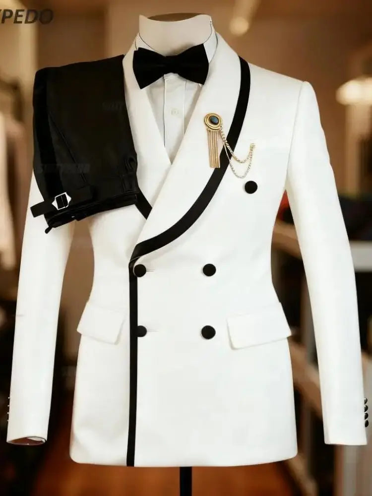 Fashion Blazer And Pants 2 Pieces Formal Wedding Party Groom Suit Sets Male Casual Slim Fit High Quality Shawl Lapel Outfits