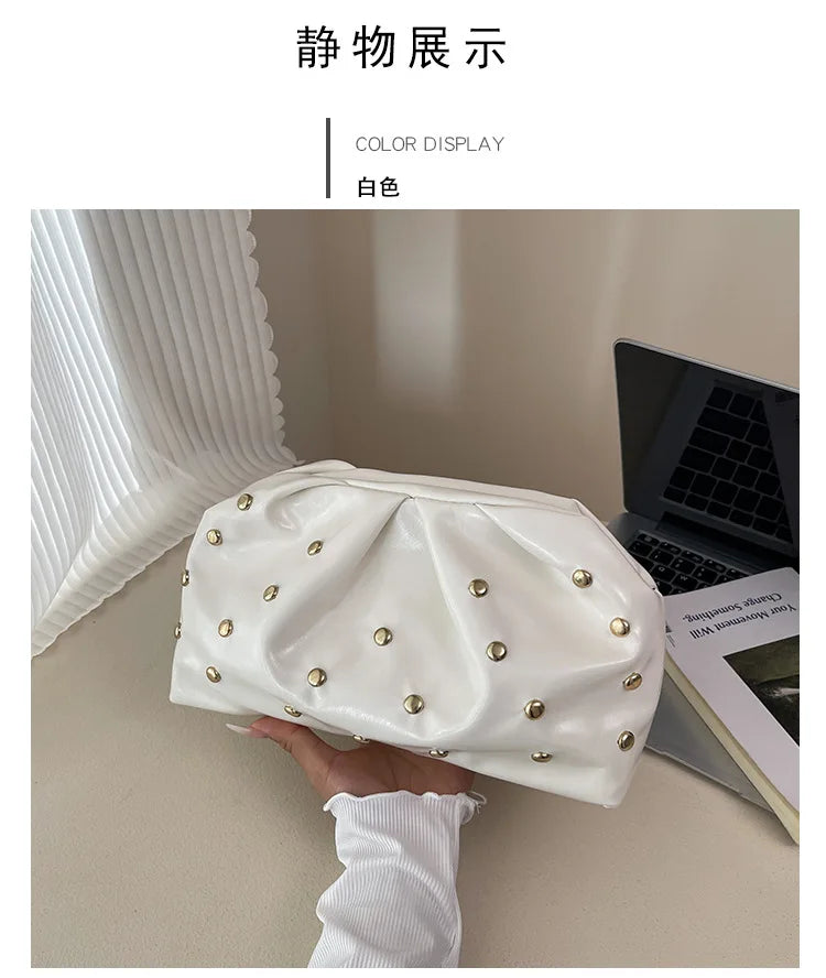 Simple Versatile Clip Evening Handbags for Women Solid Color Rivet Pleated Design Ladies Clutch Female Soft Pu Leather Purse