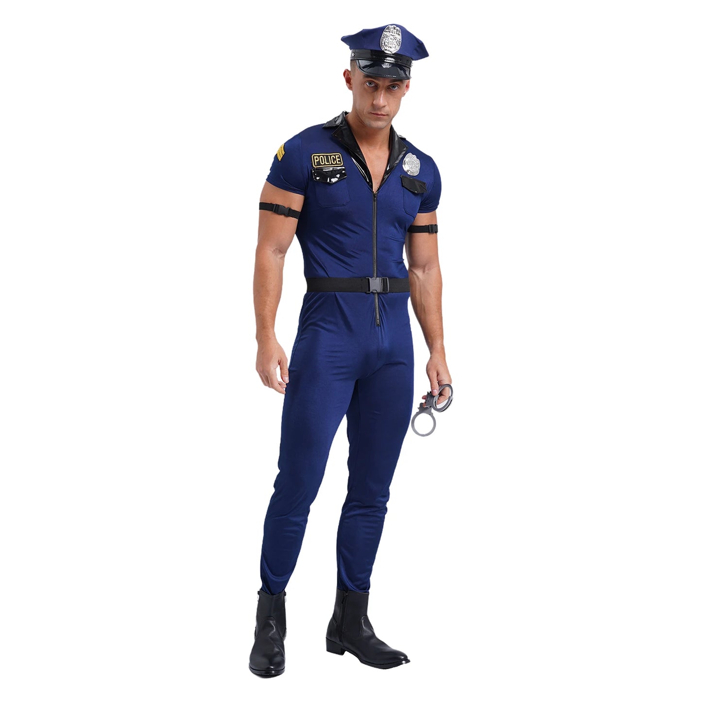 Mens Police Uniform Cosplay Outfits 7-Piece Dirty Cop Officer Costumes Front Zipper Role Play Jumpsuit Hat Belt Manacles Badge