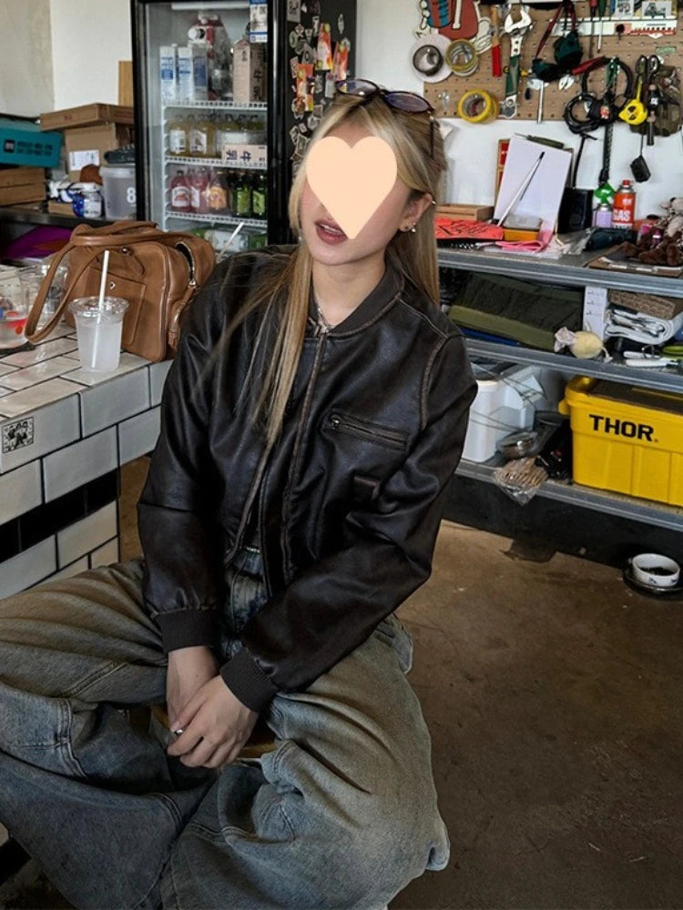 New in Autumn Winter Women High End Short Motorcycle Leather Jacket Women Top Retro Brown Loose Casual Coat Female Clothing