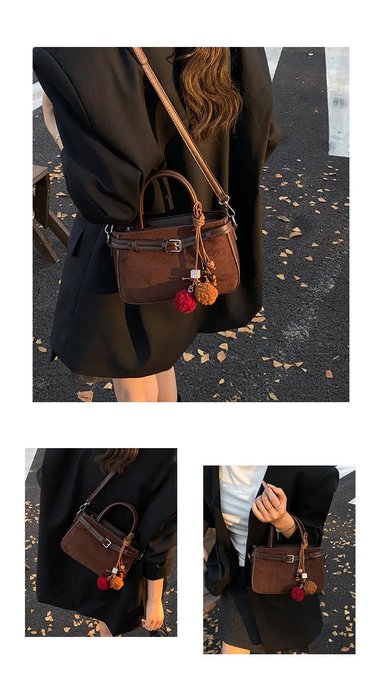 Retro Faux Suede Women's Handbag Fashionable Small Square Bag 2025 Winter Simple Short Handle Single Shoulder Crossbody Bag
