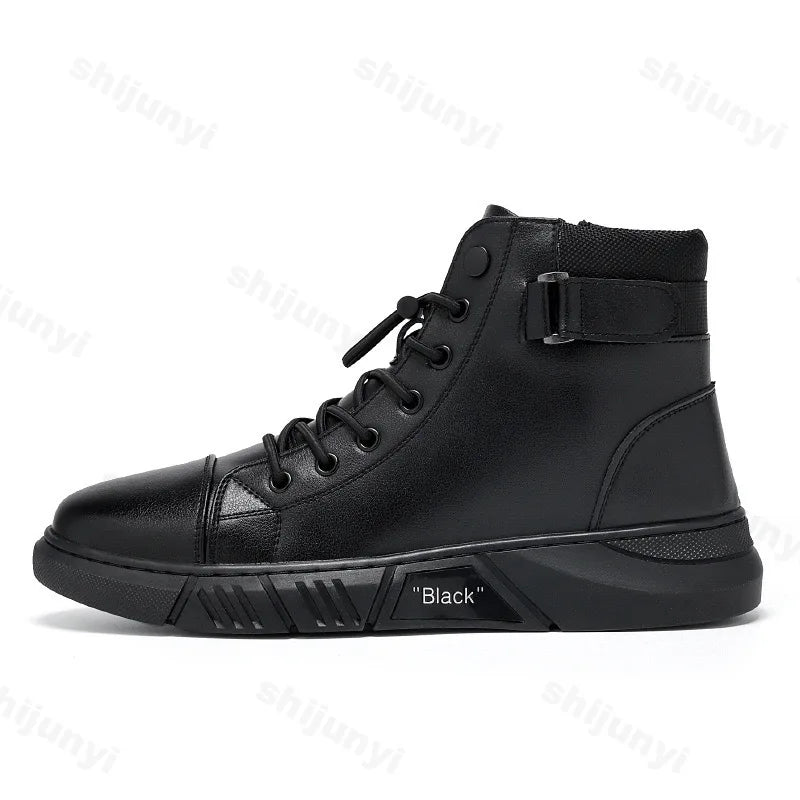 Vintage Men's Short Boots Autumn New Trendy Comfortable Height Increase Cotton Shoes Non Slip Lace Up Side Zipper Leather Boots
