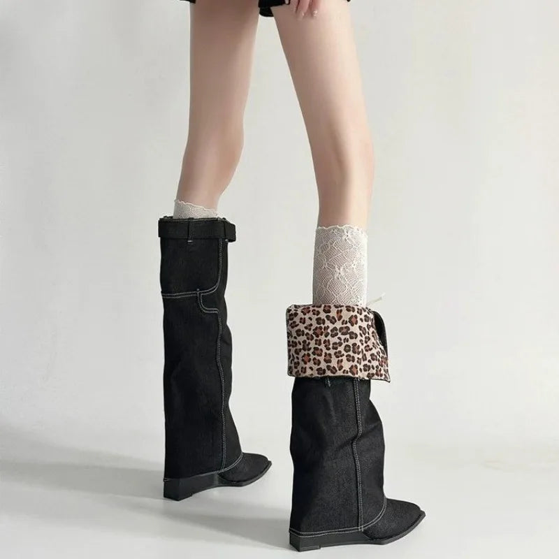 Lace-up Trouser Leg Boots for Women, Pointed Toe, Long Boots with Platform Heels