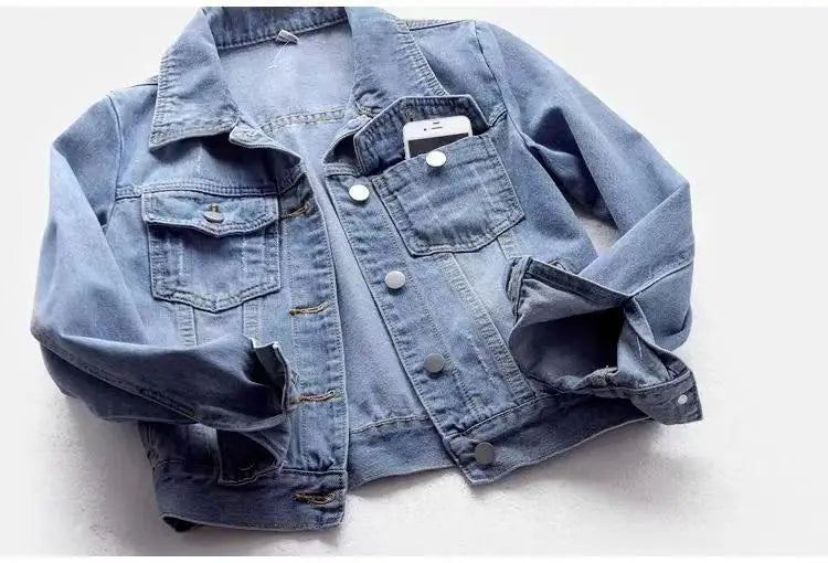 Women Spring Denim Jacket Short Slim Fit Washed Single Button Long Sleeve