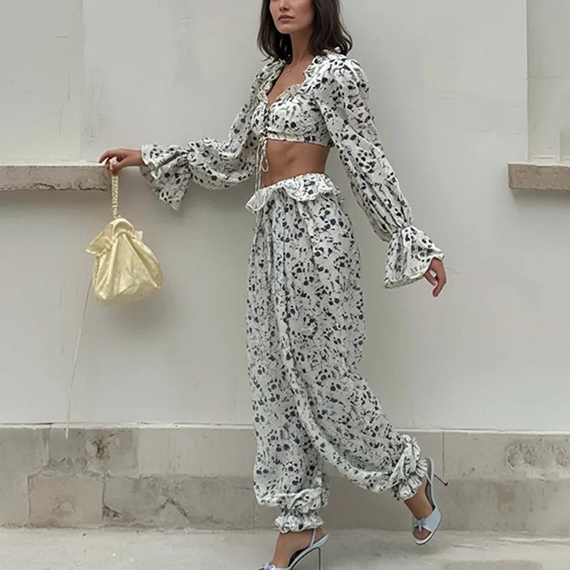 Summer Floral Trousers Set Comfortable Street Style Long-sleeved Waist-revealing Lace-up Top Wide-leg Trousers Two-piece Set