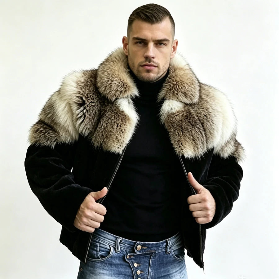 Men's Coyote Fur Jacket With Black Rabbit Fur Natural Wolf Fur Zippered Jacket Cropped Rabbit Fur Jacket New Real Fur Coat